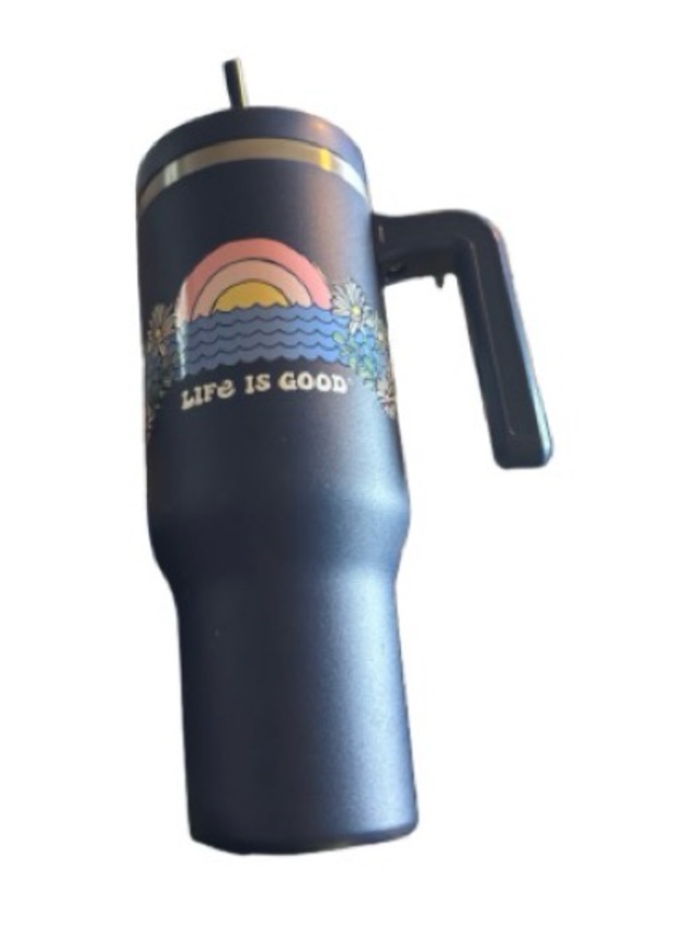 Life Is Good Navy Insulated Travel Mug with Rainbow Graphic and Handle